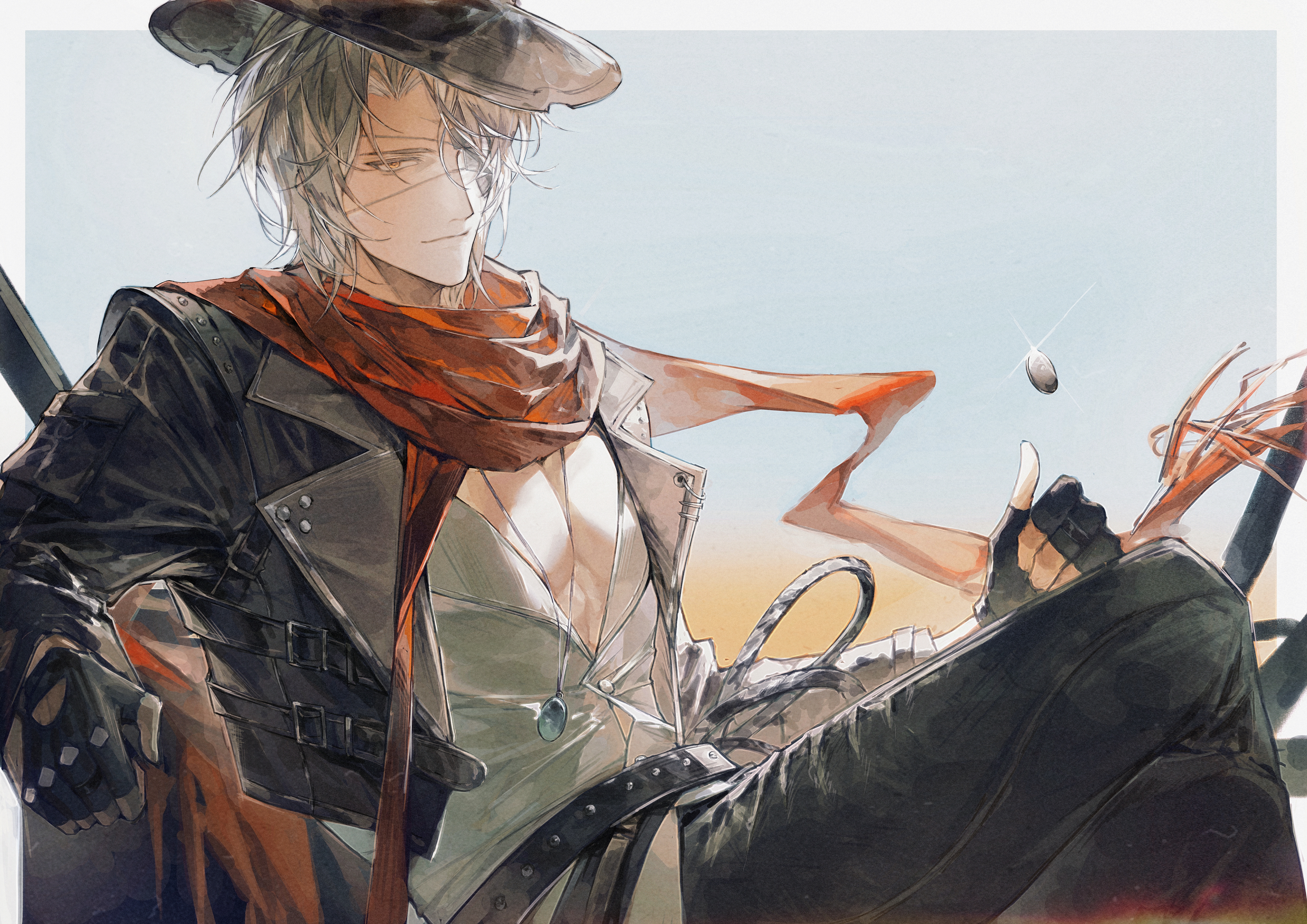 zhouliang48183, watanabe (pgr), punishing: gray raven, absurdres, chinese commentary, commentary, highres, 1boy, belt, black gloves, black hat, black jacket, black pants, blurry, blurry background, border, clothing cutout, coin, coin flip, cowboy, cropped jacket, crossed legs, desert, diffraction spikes, eyepatch, fingerless gloves, floating scarf, glove cutout, gloves, grey border, grey hair, hair over one eye, hat, jacket, lasso, leather, leather jacket, looking at viewer, male focus, muscular, muscular male, open clothes, open jacket, outside border, pants, pectorals, red scarf, scarf, shirt, sitting, smile, solo, studded belt, studded gloves, torn clothes, torn hat, western, white shirt, yellow eyes