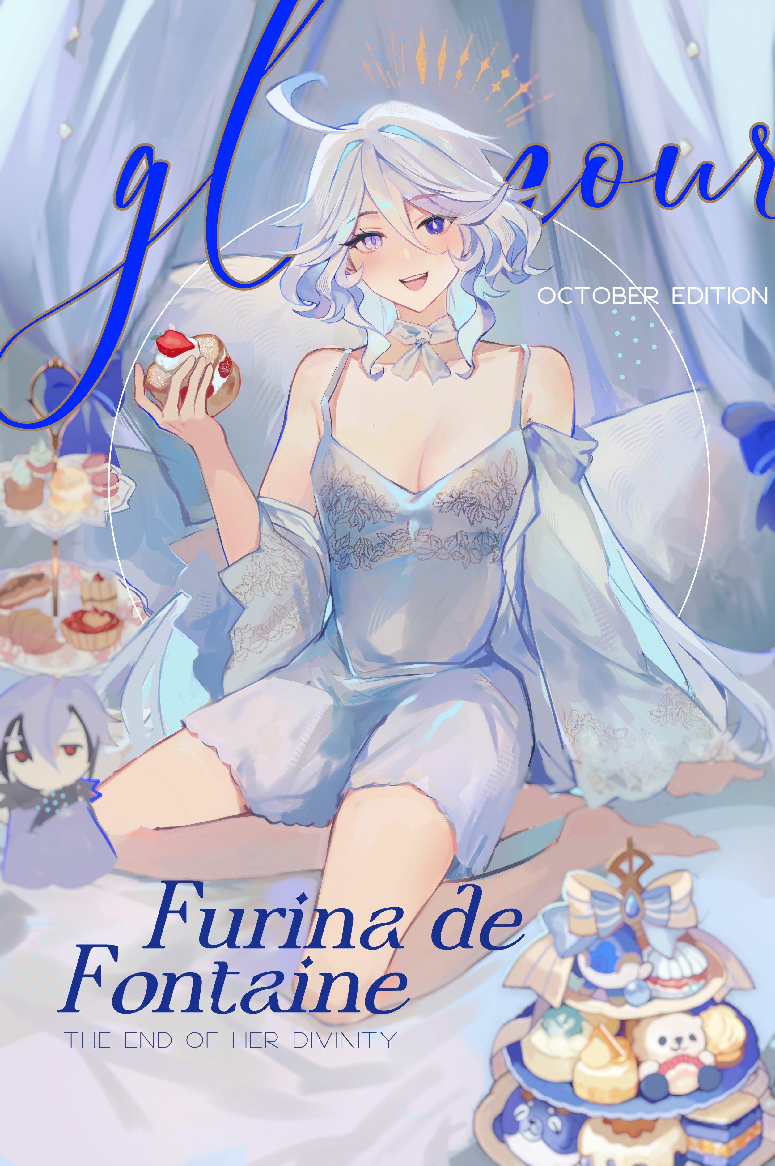 tomodurien, arlecchino (genshin impact), furina (genshin impact), genshin impact, absurdres, highres, 1girl, blue pupils, dessert, drop-shaped pupils, english text, food, hand up, heterochromia, holding, holding food, looking at viewer, mismatched pupils, smile, solo, symbol-shaped pupils, white hair