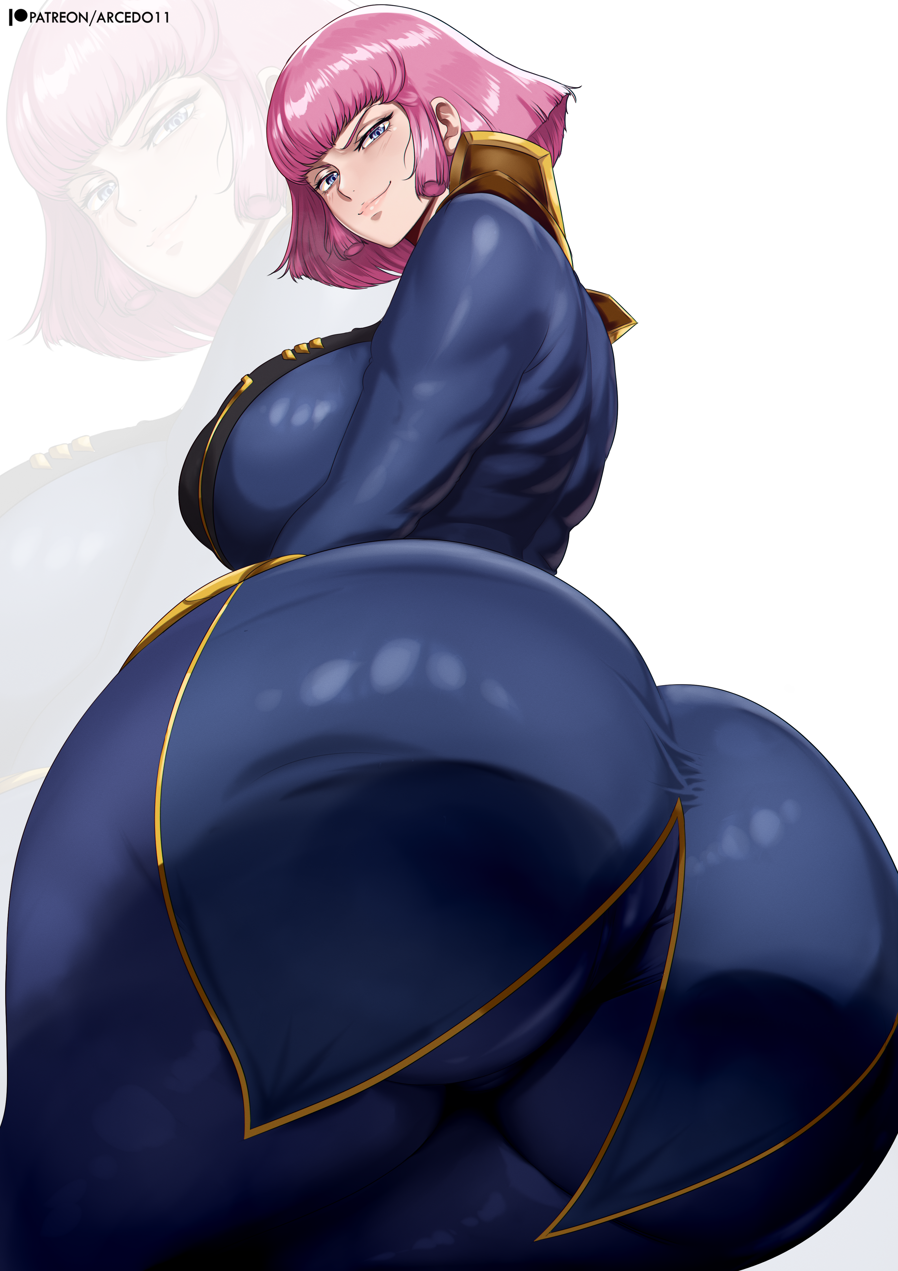 arcedo, haman karn, gundam, gundam zz, absurdres, highres, 1girl, ass, ass focus, blue eyes, breasts, curvy, female focus, from below, huge ass, huge breasts, looking at viewer, pink hair, short hair, solo, thigh strap, wide hips