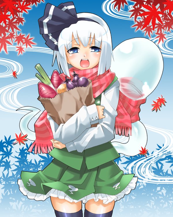 gengorou, konpaku youmu, konpaku youmu (ghost), touhou, bad id, bad pixiv id, jpeg artifacts, 1girl, bag, black thighhighs, blue eyes, blush, bob cut, cowboy shot, eggplant, female focus, food, groceries, hairband, hitodama, leaf, looking at viewer, maple leaf, open mouth, paper bag, pink scarf, ribbon, scarf, short hair, skirt, skirt set, solo, spring onion, standing, striped clothes, striped scarf, sweet potato, thighhighs, vegetable, white hair, zettai ryouiki