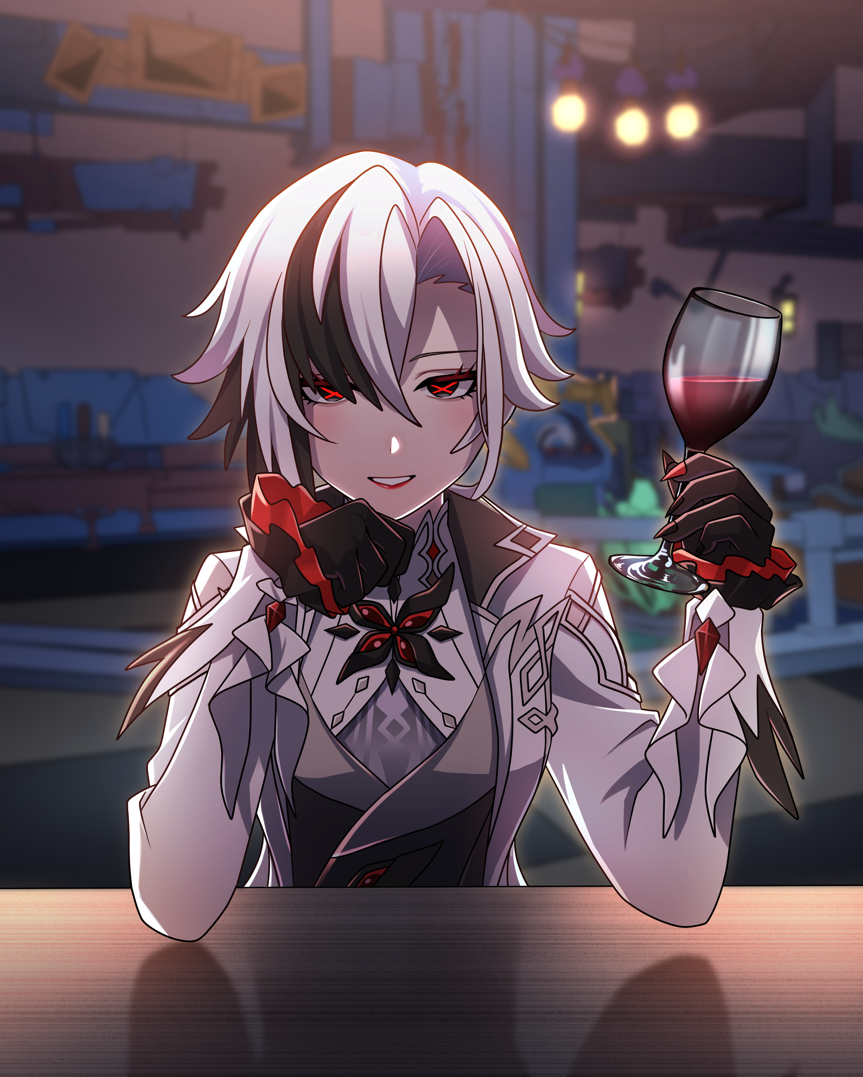 arlecchino (genshin impact), genshin impact, absurdres, commentary request, highres, 1girl, alcohol, black eyes, black hair, black hands, blurry, blurry background, coat, colored extremities, cup, drinking glass, elbow rest, hands up, holding, holding cup, indoors, lipstick, long sleeves, looking at viewer, makeup, multicolored hair, otiba n, parted lips, red lips, red nails, red pupils, smile, solo, symbol-shaped pupils, two-tone hair, white coat, white hair, wine, wine glass, x-shaped pupils