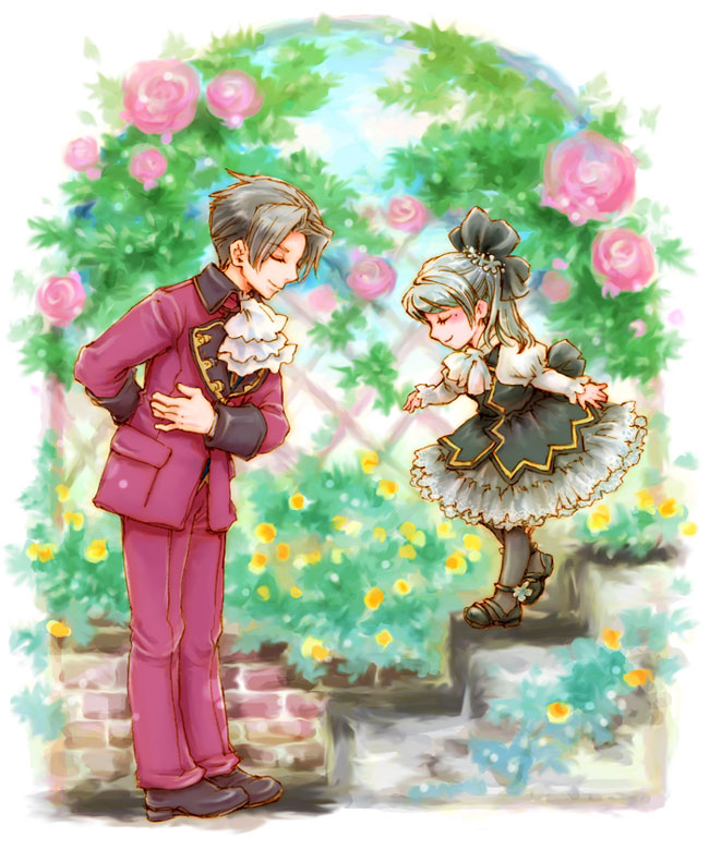 ichi2co, franziska von karma, miles edgeworth, ace attorney, ace attorney investigations, ace attorney investigations: miles edgeworth, capcom, 1boy, 1girl, aged down, alternate costume, ascot, black dress, bow, child, dress, flower, mole, mole under eye