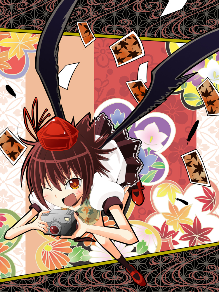 kenmohororo, shameimaru aya, touhou, 1girl, blush, brown hair, camera, female focus, geta, hat, looking at viewer, one eye closed, orange eyes, smile, solo, symbol-shaped pupils, tengu-geta, wings, wink