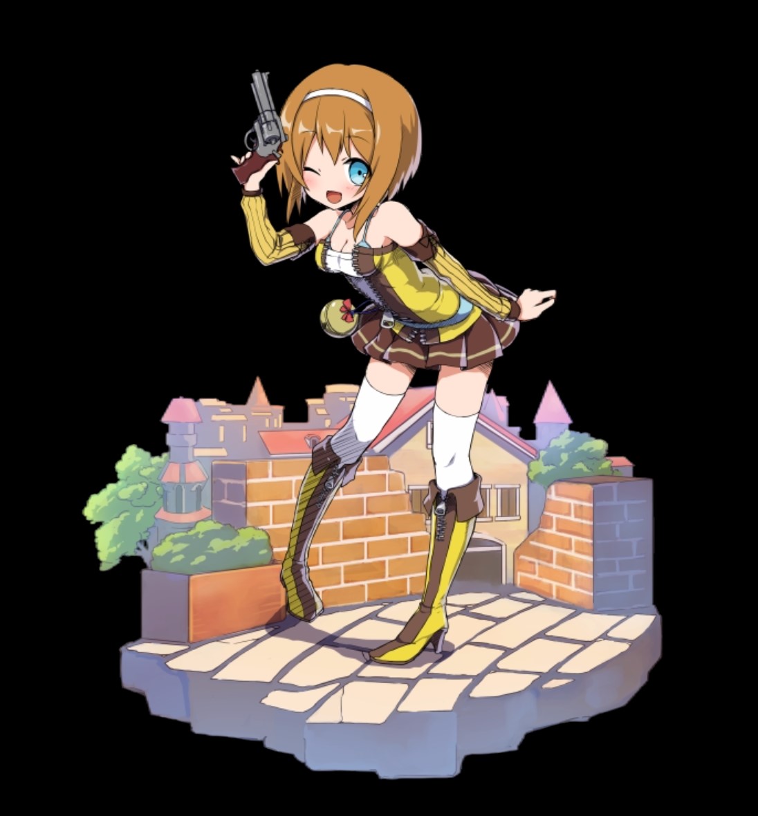 merc storia art team, merc storia, official art, 1girl, :d, bare shoulders, bent over, bikini, bikini top only, black background, blue eyes, boots, breasts, brick wall, brown hair, brown skirt, building, cleavage, detached sleeves, full body, gun, hair between eyes, hairband, hand up, handgun, holding, holding gun, holding weapon, house, knee boots, medium breasts, milea (merc storia), miniskirt, one eye closed, open mouth, outstretched arm, pleated skirt, revolver, shirt, short hair, simple background, skirt, smile, solo, standing, stone floor, strapless, strapless shirt, swimsuit, tachi-e, thighhighs, tree, weapon, white hairband, white thighhighs