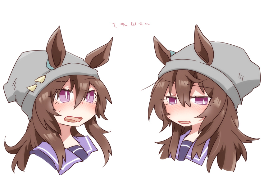 beer hsk, nakayama festa (umamusume), umamusume, commentary request, translation request, 1girl, animal ears, beanie, blush, brown hair, cropped shoulders, ears through headwear, grey hat, hair between eyes, hat, horse ears, long hair, multiple views, nose blush, open mouth, parted lips, purple eyes, purple shirt, school uniform, shirt, simple background, tracen school uniform, white background