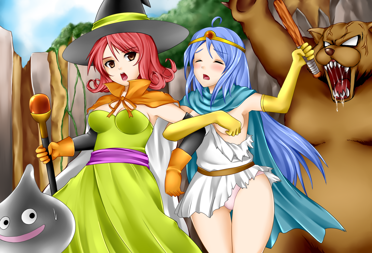 yoshimo, mage (dq3), metal slime, sage (dq3), slime (dragon quest), chunsoft, dragon quest, dragon quest iii, enix, arm grab, bad id, bad pixiv id, 2girls, bear, blue hair, breasts, brown eyes, cape, circlet, cleavage, closed eyes, covering breasts, covering privates, dress, elbow gloves, gloves, hat, holding another's arm, long hair, monster, multiple girls, open mouth, panties, pink panties, red hair, short hair, staff, standing, thigh gap, thighs, torn clothes, underwear, white panties, witch hat, you gonna get raped