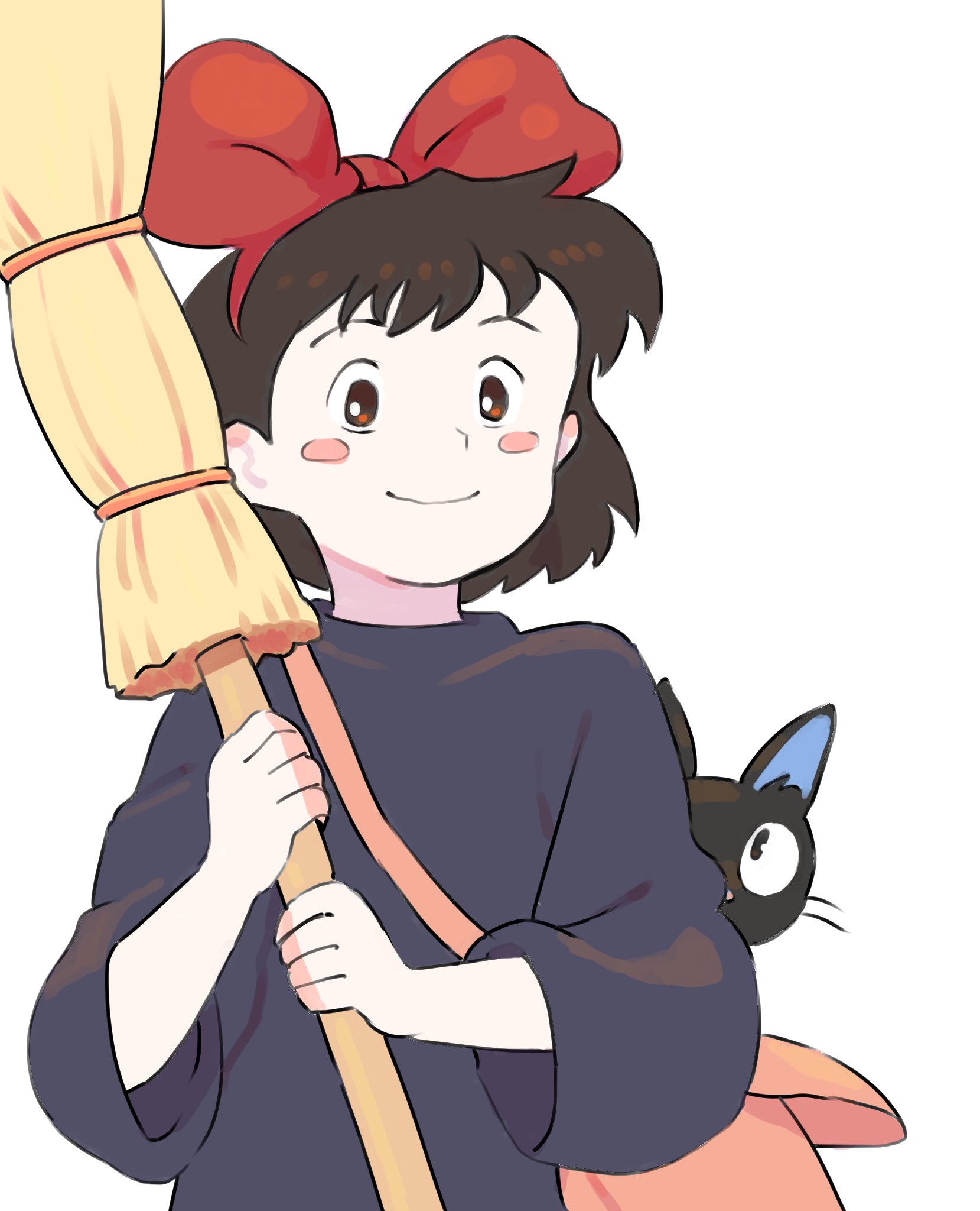 gan2, jiji (majo no takkyuubin), kiki (majo no takkyuubin), majo no takkyuubin, highres, 1girl, animal, black cat, black dress, black eyes, black hair, blush stickers, bow, bow hairband, broom, cat, closed mouth, dress, hairband, holding, holding broom, red bow, red hairband, short hair, simple background, smile, three-quarter sleeves, white background