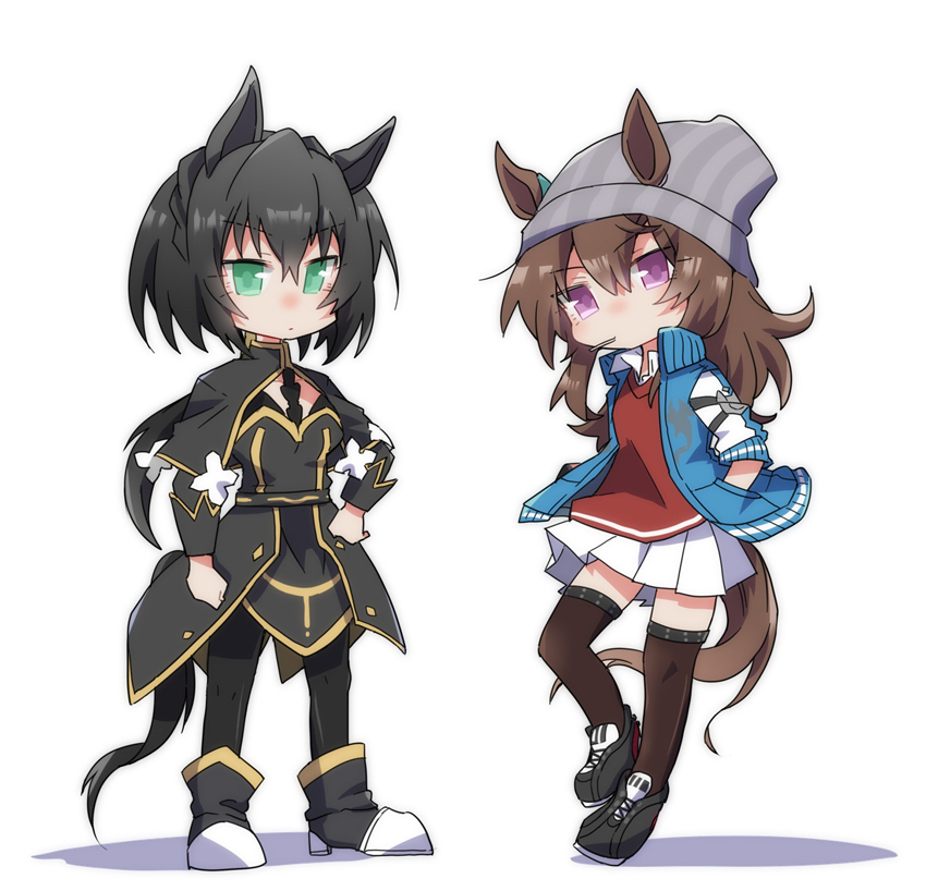 beer hsk, kin'iro ryotei (umamusume), nakayama festa (umamusume), umamusume, commentary request, 2girls, beanie, black boots, black capelet, black dress, black hair, black pantyhose, black shoes, blue jacket, boots, braid, brown hair, brown thighhighs, capelet, chibi, closed mouth, collared shirt, colored shadow, crown braid, dress, ears through headwear, green eyes, grey hat, hands in pockets, hat, jacket, long sleeves, low ponytail, multiple girls, open clothes, open jacket, pantyhose, pleated skirt, ponytail, purple eyes, shadow, shirt, shoes, simple background, skirt, standing, striped clothes, striped headwear, sweater vest, thighhighs, vertical-striped clothes, vertical-striped headwear, white background, white shirt, white skirt