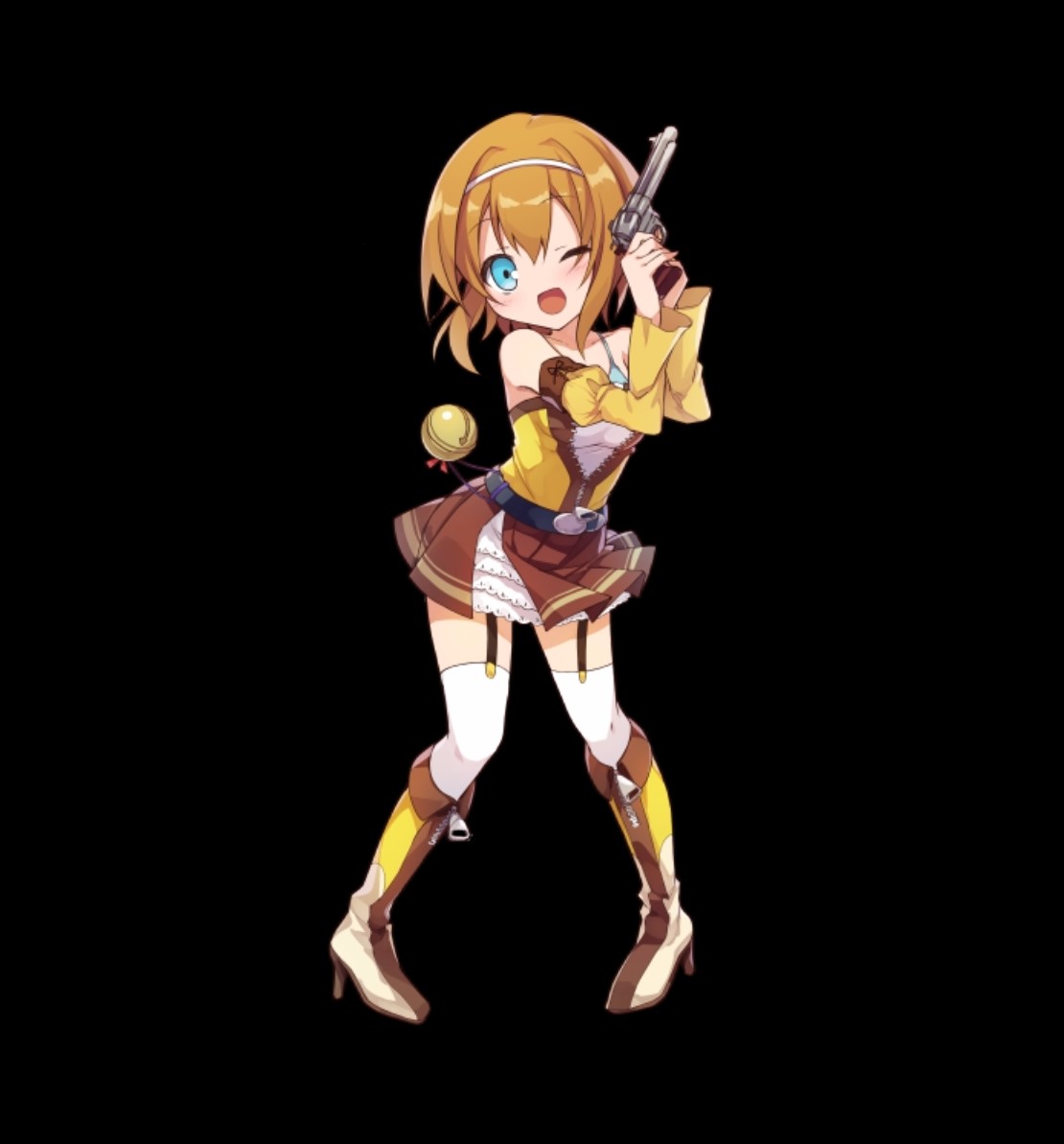 merc storia art team, merc storia, official art, 1girl, :d, bare shoulders, bell, bent over, bikini, bikini top only, black background, blue eyes, boots, breasts, brown hair, brown skirt, cleavage, detached sleeves, full body, gun, hair between eyes, hairband, handgun, hands up, holding, holding gun, holding weapon, knee boots, medium breasts, milea (merc storia), miniskirt, one eye closed, open mouth, outstretched arm, pleated skirt, revolver, shirt, short hair, simple background, skirt, smile, solo, standing, strapless, strapless shirt, swimsuit, tachi-e, thighhighs, two-handed, weapon, white hairband, white thighhighs