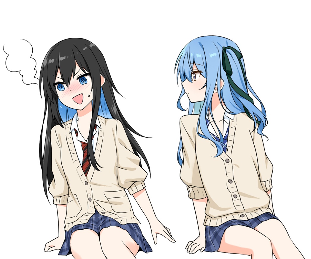 felutiahime, bellezza felutia, hoshimachi suisei, hololive, commentary request, 2girls, blue eyes, blue hair, blue necktie, blush, buttons, collared shirt, hair between eyes, long hair, long sleeves, multiple girls, necktie, pleated skirt, red necktie, school uniform, shirt, skirt, smile, virtual youtuber, white shirt