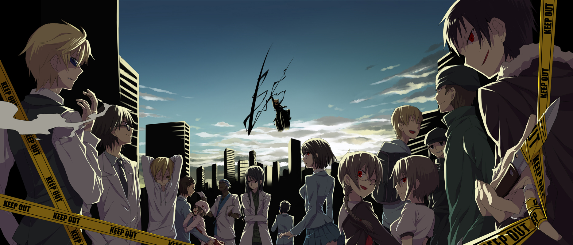 abaraya, celty sturluson, harima mika, heiwajima shizuo, kadota kyouhei, kida masaomi, kishitani shinra, orihara izaya, orihara kururi, orihara mairu, ryuugamine mikado, simon brezhnev, sonohara anri, stalker, yagiri namie, yagiri seiji, durarara!!, bad id, bad pixiv id, highres, 6+boys, 6+girls, arm hug, arms behind head, bartender, building, caution tape, cigarette, city, cloud, couple, everyone, folding knife, keep out, knife, lab coat, multiple boys, multiple girls, red eyes, school uniform, scythe, siblings, sisters, sky, smoke, sunglasses, switchblade