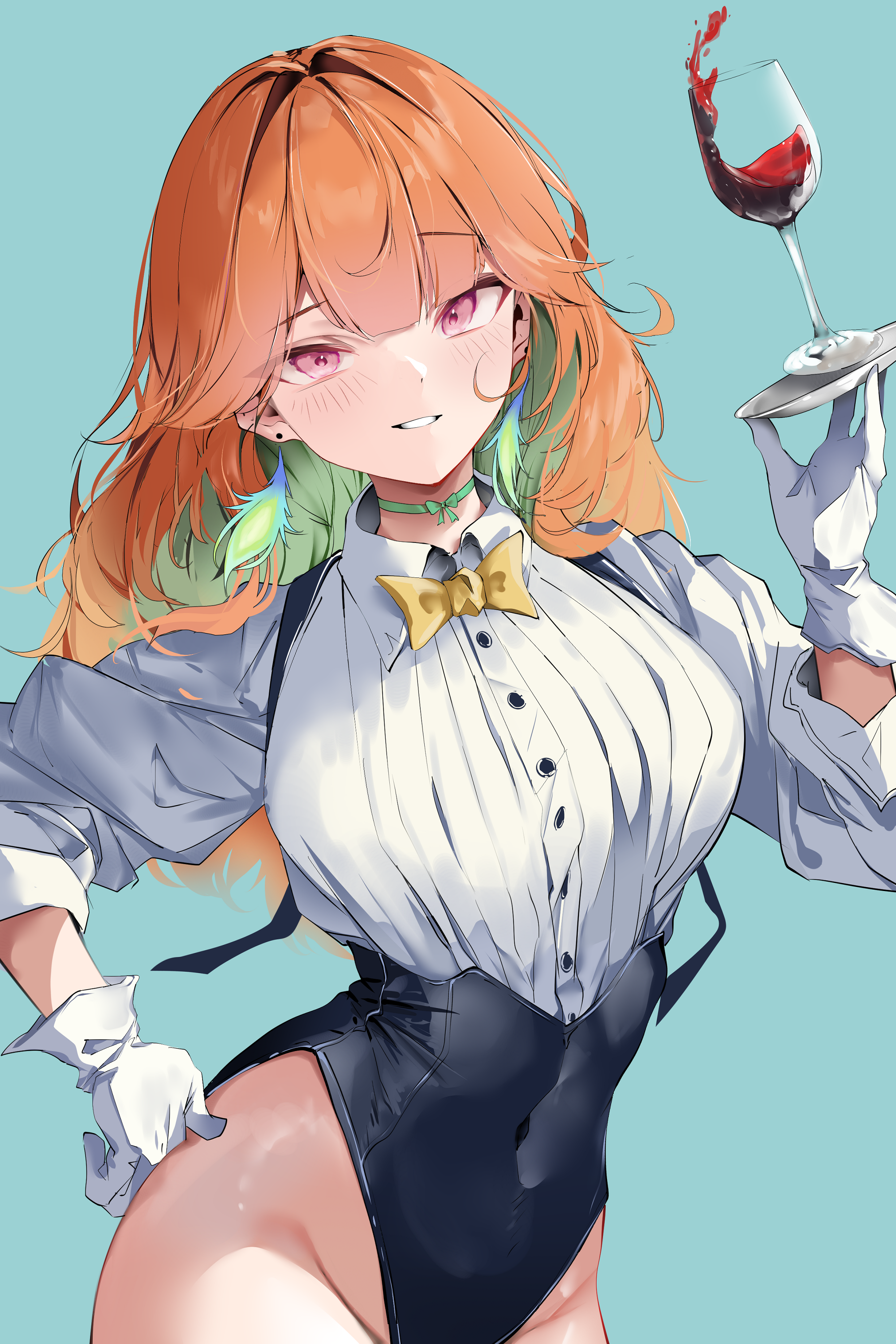 pepq, takanashi kiara, hololive, hololive english, absurdres, commentary, english commentary, highres, 1girl, alcohol, alternate costume, blue background, blush, bow, bowtie, colored inner hair, covered navel, cup, drinking glass, earrings, feathers, gloves, green hair, hand on own hip, highleg, highleg leotard, jewelry, leotard, long hair, looking at viewer, multicolored hair, neck ribbon, orange hair, pink eyes, red wine, ribbon, shiny clothes, shiny skin, shirt, smile, solo, stud earrings, upper body, virtual youtuber, white gloves, white shirt, wine, wine glass, yellow bow, yellow bowtie