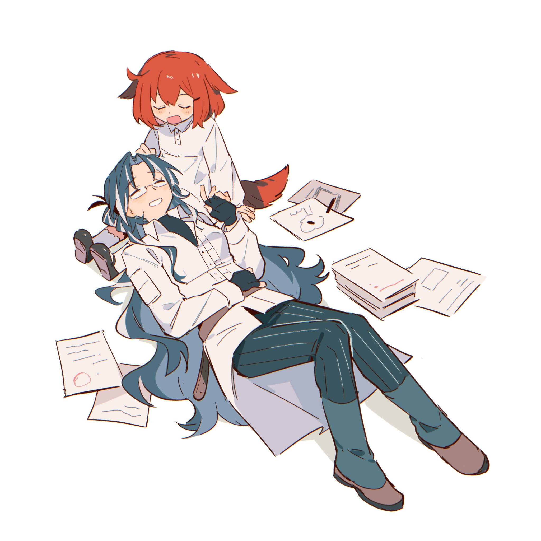 dopperu ben, crownslayer (arknights), snegurochka (arknights), arknights, highres, 2girls, aged down, animal ears, black gloves, black shoes, blue hair, blue pants, closed eyes, coat, dress, fingerless gloves, frown, full body, gloves, grin, hand on another's head, hyena ears, hyena girl, hyena tail, knees up, lab coat, lap pillow, long hair, multicolored hair, multiple girls, open mouth, pants, paper, paper stack, red hair, shoes, short hair, simple background, smile, socks, streaked hair, white background, white coat, white dress, white hair, white socks