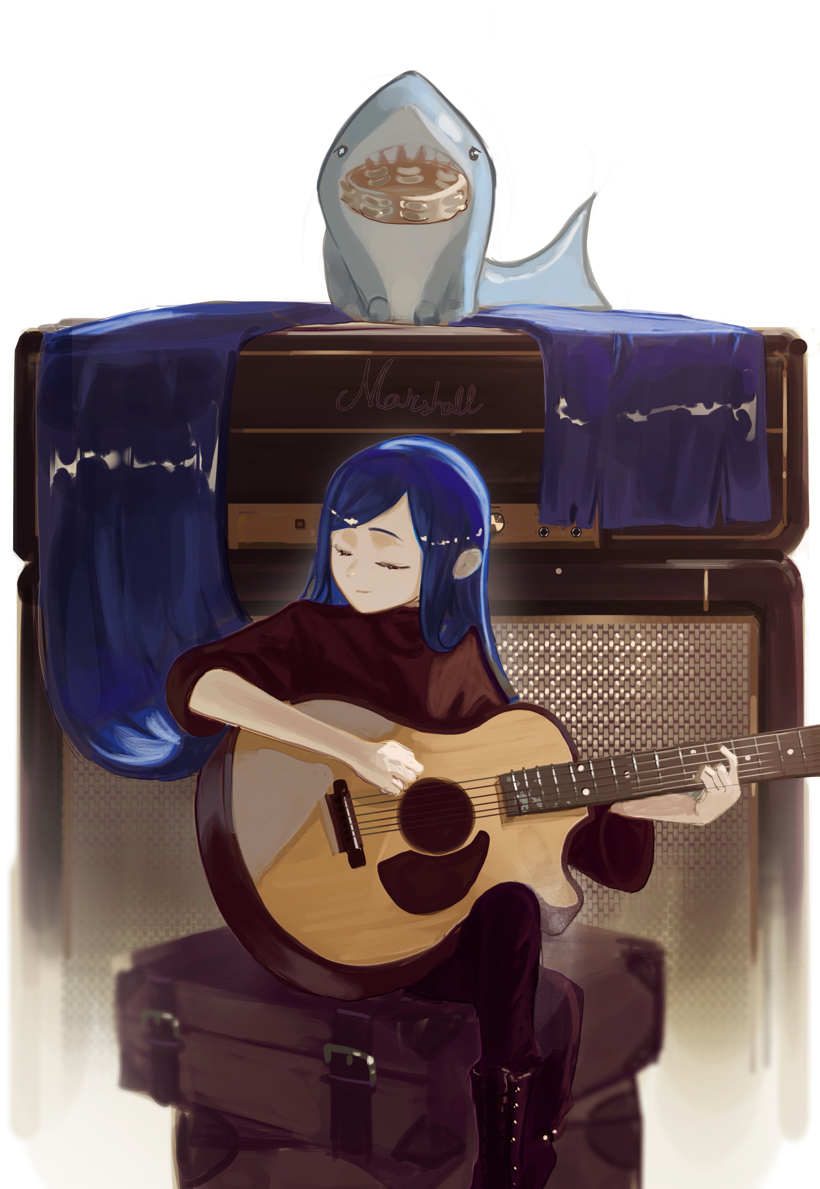 shadches72, original, absurdres, commentary, english commentary, highres, 1girl, absurdly long hair, acoustic guitar, amplifier, black boots, black eyes, black pantyhose, blue hair, boots, brown sweater, closed eyes, closed mouth, company name, facing to the side, guantanima ii (shadches72), guitar, holding, holding instrument, instrument, light smile, long hair, long sleeves, looking at viewer, monasterio (shadches72), mouth hold, music, pantyhose, playing instrument, shark, sharp teeth, sitting on suitcase, suitcase, sweater, tambourine, teeth, very long hair, white background