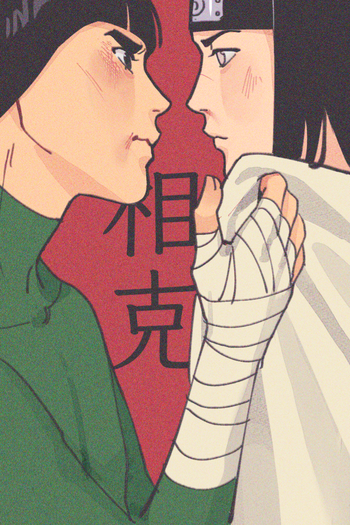 il1023il, hyuuga neji, rock lee, naruto (classic), naruto (series), commentary, english commentary, 2boys, black eyes, black hair, black headband, bowl cut, clothes grab, expressionless, eye contact, forehead protector, grabbing another's shirt, hand wraps, headband, looking at another, male focus, multiple boys, purple eyes, serious, thick eyebrows, turtleneck