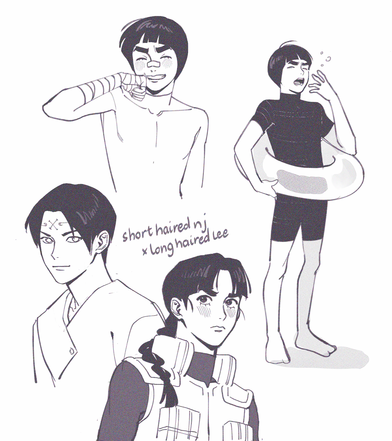 il1023il, hyuuga neji, rock lee, naruto (series), naruto shippuuden, commentary, english commentary, highres, 2boys, alternate hair length, alternate hairstyle, barefoot, blush, bodysuit, braid, braided ponytail, diving suit, english text, flak jacket, forehead tattoo, frown, greyscale, grin, hair over shoulder, hand wraps, innertube, jacket, long hair, male focus, monochrome, multiple boys, single braid, smile, squeans, swim ring, tattoo, turtleneck, wetsuit, yawning