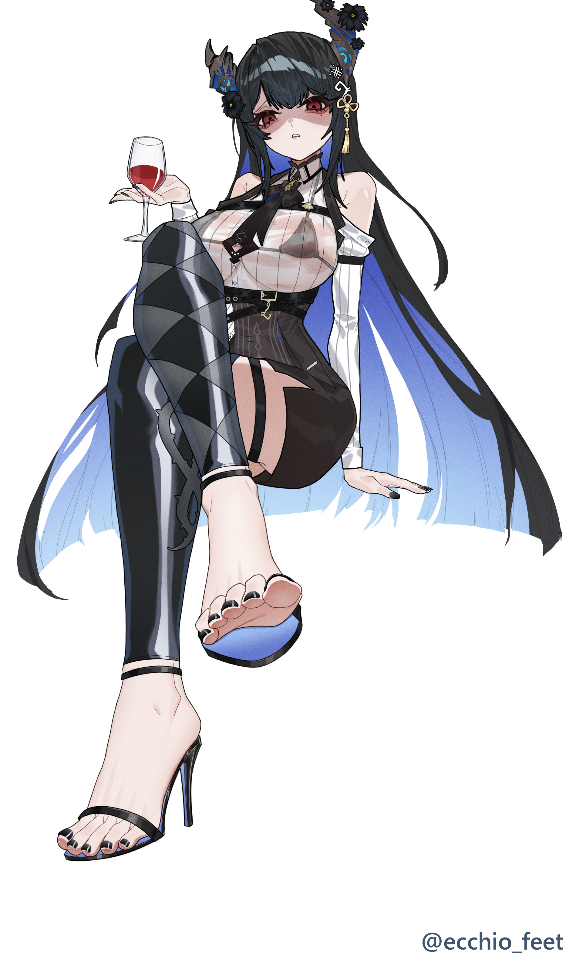 ecchi-o, nerissa ravencroft, hololive, absurdres, highres, large variant set, paid reward available, variant set, 1girl, armpit crease, artist name, bare shoulders, bikini, black bikini, black flower, black hair, black leggings, black nails, black necktie, black sandals, black skirt, blue hair, blush, breasts, clothing cutout, colored inner hair, crossed legs, cup, detached leggings, drinking glass, eyelashes, feet, flower, foot focus, hair flower, hair ornament, high-waist skirt, high heel sandals, high heels, holding, impossible clothes, invisible chair, large breasts, leggings, legs, long hair, looking at viewer, micro bikini, miniskirt, multicolored hair, nail polish, necktie, red eyes, sandals, see-through clothes, see-through shirt, shirt, shoulder cutout, simple background, sitting, skirt, solo, stiletto heels, strappy heels, swimsuit, tassel, toenail polish, toenails, toes, twitter username, very long hair, virtual youtuber, white background, wine glass