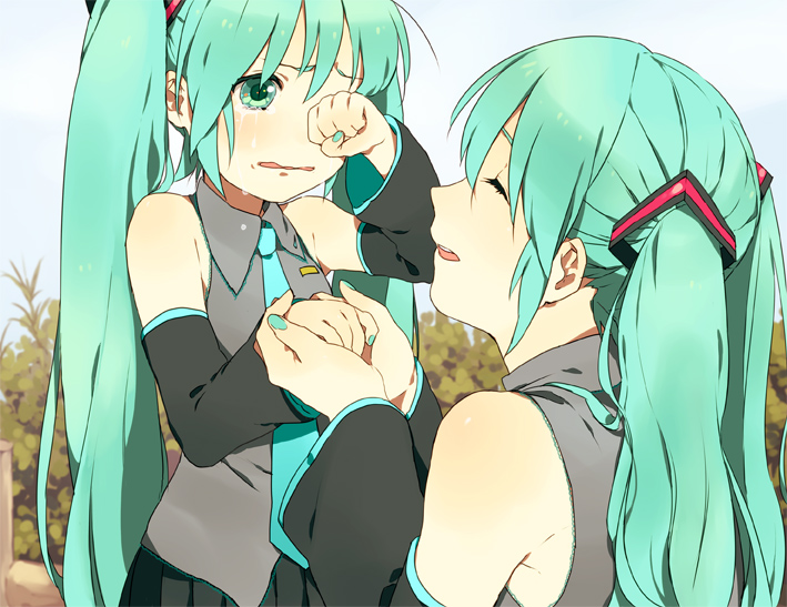 maruishi, chibi miku, hatsune miku, vocaloid, bad id, bad pixiv id, aqua eyes, aqua hair, detached sleeves, long hair, necktie, smile, tears, time paradox, twintails