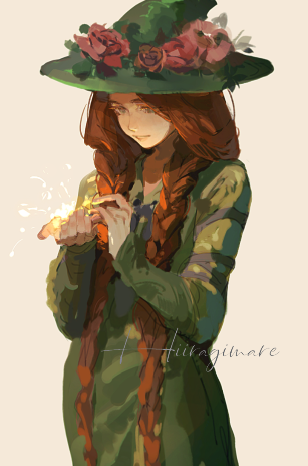 xiao dao (kojimarie), mirabel garlick, hogwarts legacy, wizarding world, chinese commentary, commentary, 1girl, braid, flower, freckles, green eyes, green hat, green robe, hair over shoulder, hat, hat flower, long hair, orange hair, pink flower, robe, signature, simple background, solo, sparkle, twin braids, twintails, upper body, very long hair, witch hat