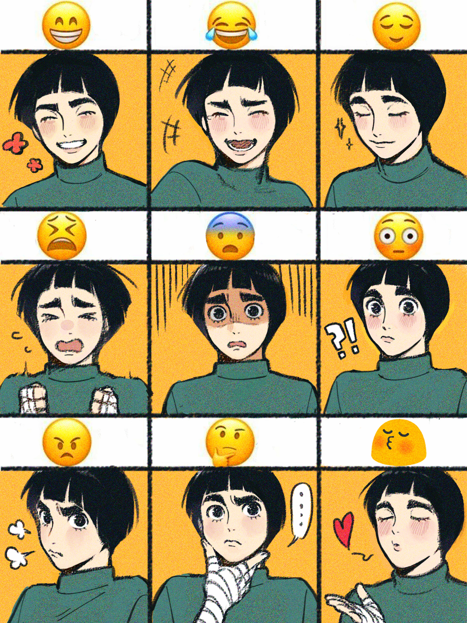il1023il, rock lee, naruto (classic), naruto (series), commentary, english commentary, highres, > <, 1boy, black eyes, black hair, blowing kiss, closed eyes, emoji, expression chart, gloom (expression), grin, hand on own chin, hand wraps, male focus, multiple expressions, open mouth, puff of air, shaded face, smile, sparkle, thinking, turtleneck