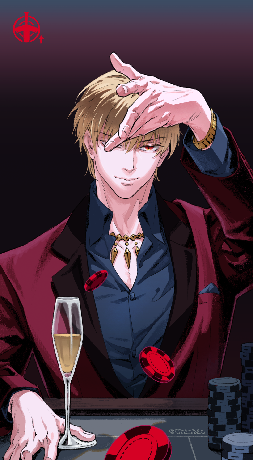 chiamo (lmc clm), gilgamesh (fate), fate/strange fake, fate (series), commentary, highres, 1boy, alcohol, artist name, blonde hair, blue shirt, bracelet, champagne, champagne flute, closed mouth, cup, dress shirt, drinking glass, gold bracelet, gold necklace, gradient background, jacket, jewelry, lapels, looking at viewer, male focus, necklace, poker chip, red eyes, red jacket, shirt, short hair, solo