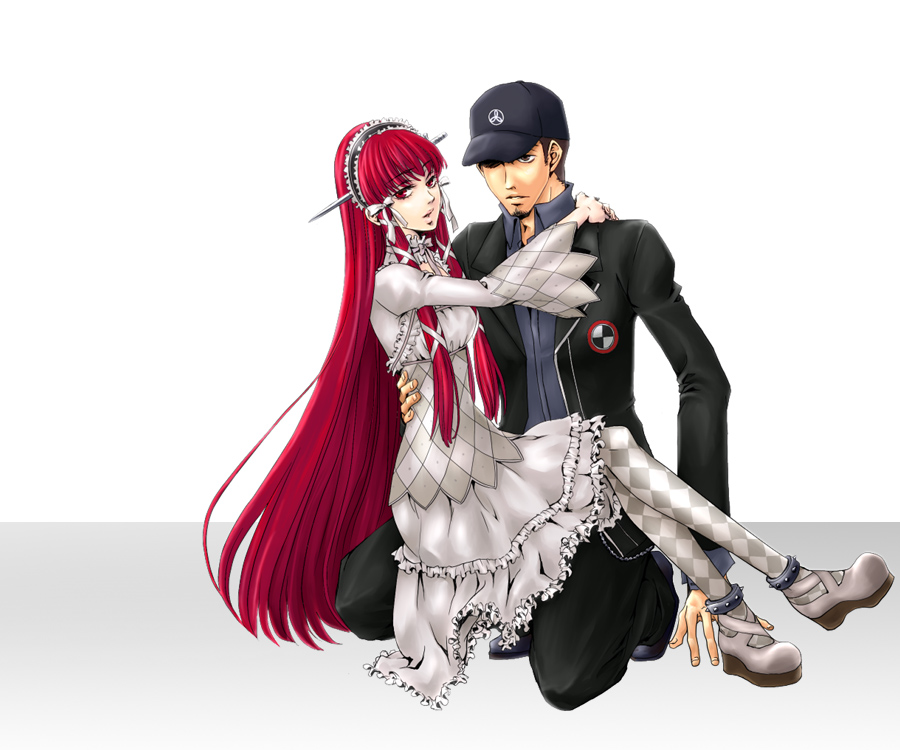 yuri (freedom), iori junpei, yoshino chidori, atlus, persona, persona 3, shin megami tensei, argyle legwear, 1boy, 1girl, ankle cuffs, anklet, argyle clothes, black eyes, black hair, carrying, checkered clothes, checkered legwear, dress, gothic lolita, hair tubes, hat, headband, jewelry, lolita fashion, long hair, pantyhose, patterned legwear, princess carry, red eyes, red hair, ribbon, school uniform, sketchbook, white pantyhose