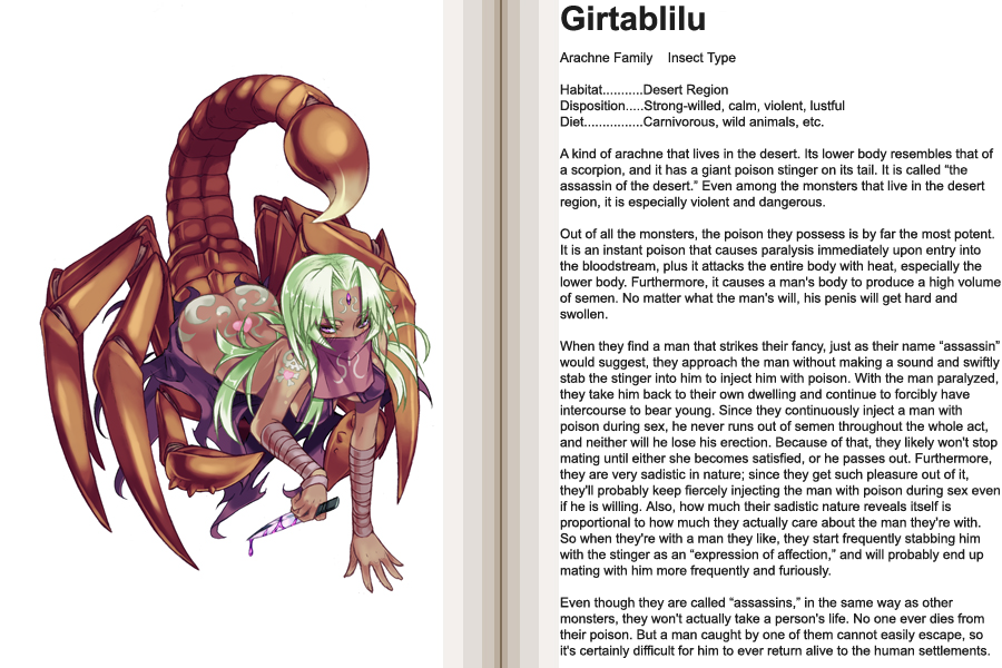 kenkou cross, girtablilu, girtablilu (monster girl encyclopedia), monster girl encyclopedia, hard-translated, official art, third-party edit, translated, 1girl, arm tattoo, arthropod girl, ass, ass tattoo, body markings, bottomless, butt crack, character profile, dark-skinned female, dark skin, english text, green hair, knife, monster girl, pointy ears, poison, scorpion, scorpion girl, shoulder tattoo, tattoo, taur, text focus, veil