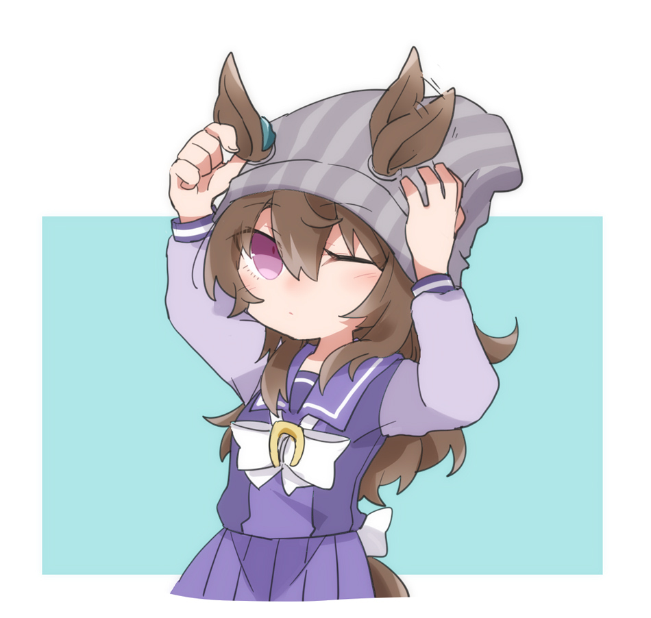 beer hsk, nakayama festa (umamusume), umamusume, commentary request, 1girl, animal ears, arms up, beanie, blue background, bow, brown hair, closed mouth, ear wiggle, ears through headwear, grey hat, hair between eyes, hat, horse ears, horse girl, horse tail, long hair, long sleeves, one eye closed, pleated skirt, puffy long sleeves, puffy sleeves, purple eyes, purple shirt, purple skirt, shirt, skirt, solo, striped clothes, striped headwear, tail, two-tone background, vertical-striped clothes, vertical-striped headwear, very long hair, white background, white bow