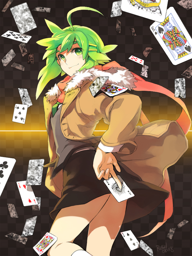 hakou (barasensou), original, bad id, bad pixiv id, 1girl, ace (playing card), ace of spades, ahoge, card, female focus, floating card, green eyes, green hair, holding, holding card, jack (playing card), jack of diamonds, jacket, joker (playing card), king (playing card), king of spades, looking back, matching hair/eyes, necktie, playing card, queen (playing card), queen of hearts (playing card), scarf, skirt, solo, spade (shape)