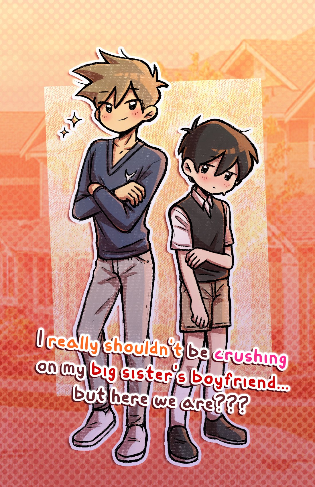 setosexual, hero (faraway) (omori), hero (omori), sunny (omori), omori, commentary, english commentary, highres, 2boys, antenna hair, black eyes, black hair, black shoes, black sweater vest, blue sweater, blush, brown hair, brown shorts, closed mouth, collarbone, collared shirt, crossed arms, double-parted bangs, english text, grey pants, hair between eyes, height difference, long sleeves, looking at viewer, male focus, multiple boys, pants, photo background, shirt, shoes, short hair, shorts, smile, socks, sweatdrop, sweater, sweater vest, white shirt, white shoes, white socks, yaoi