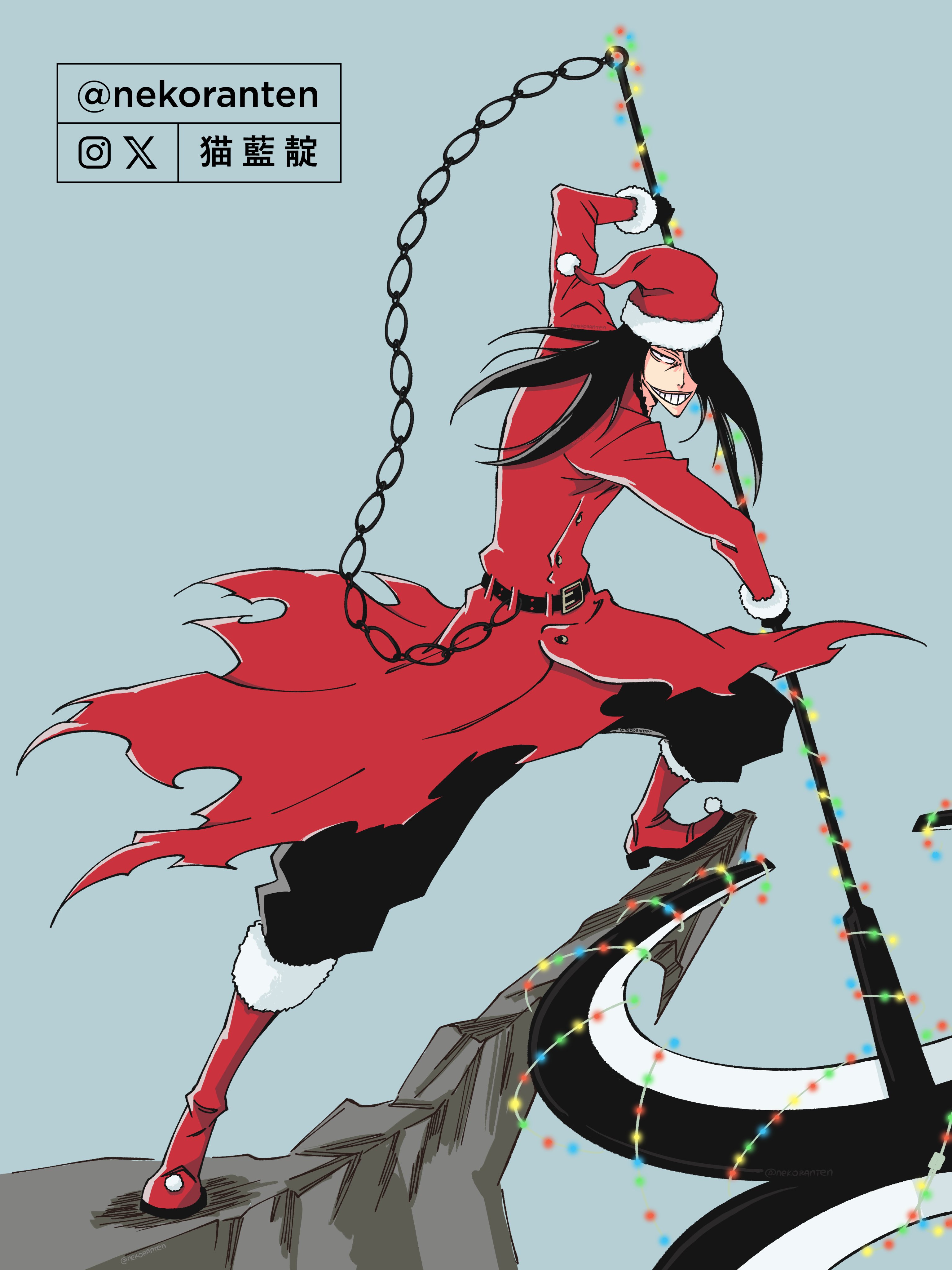 nekoranten, nnoitra gilga, bleach, absurdres, commentary, english commentary, highres, 1boy, artist name, axe, belt, black belt, black hair, boots, chain, christmas, christmas lights, fur-trimmed boots, fur-trimmed sleeves, fur trim, gloves, hair over one eye, hat, holding, holding axe, long hair, looking at viewer, santa hat, smirk, solo, torn clothes, torn coat, zanpakutou