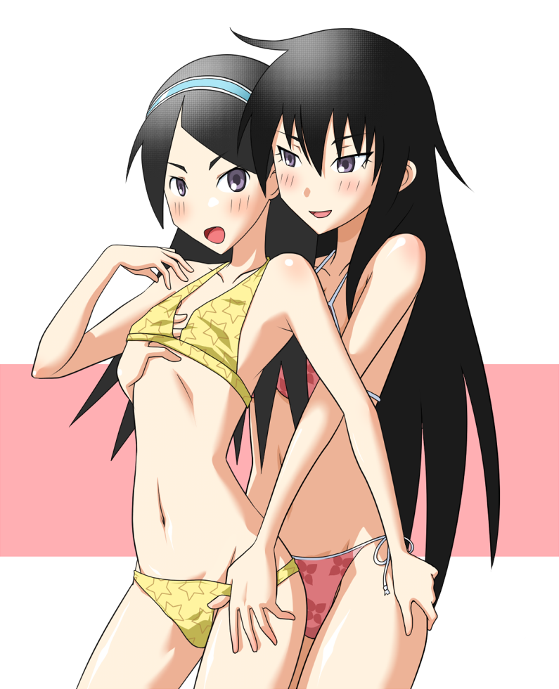 goriate, kitsu chiri, kitsu tane, sayonara zetsubou sensei, 00s, 2girls, bikini, black eyes, black hair, groping, hairband, incest, long hair, multiple girls, parted bangs, siblings, side-tie bikini bottom, sisters, skinny, swimsuit, yuri