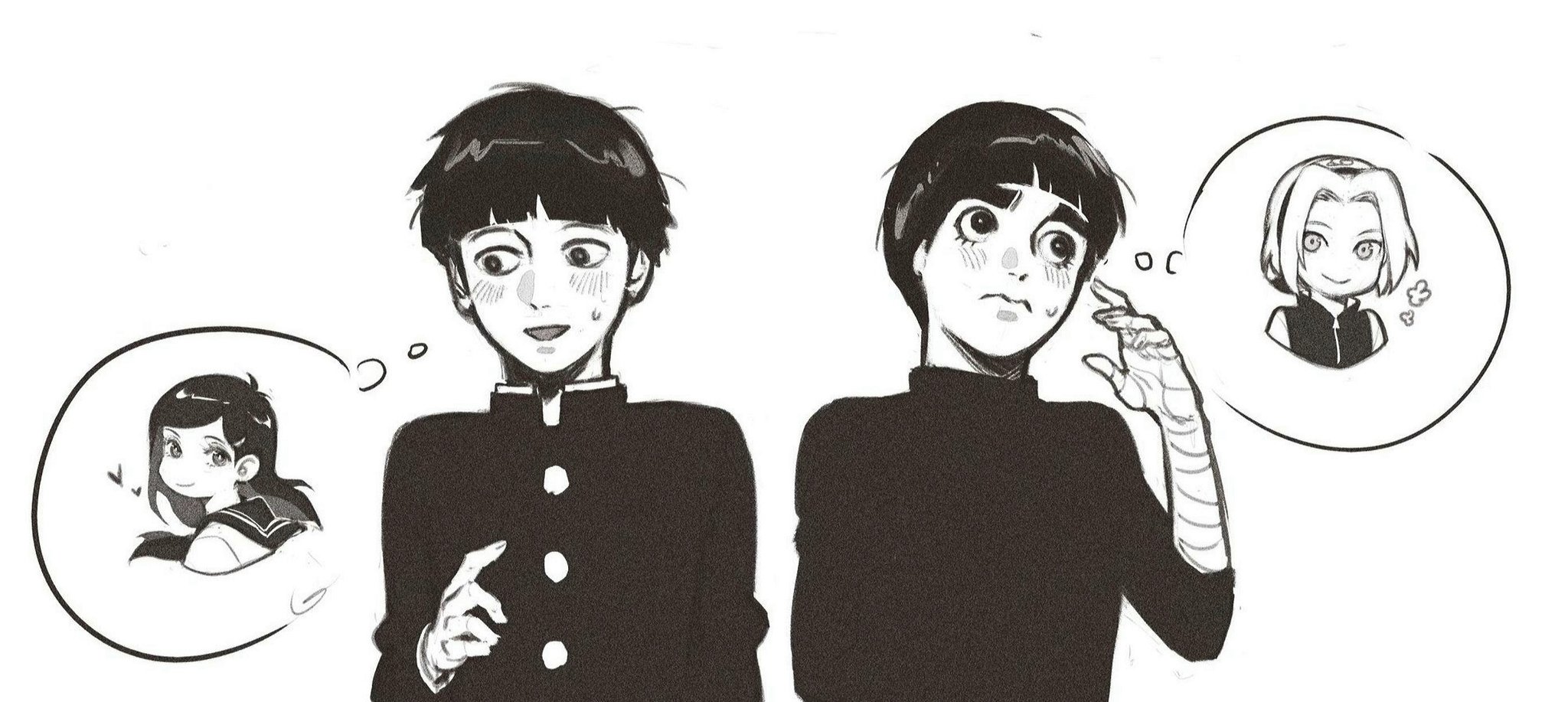 il1023il, haruno sakura, kageyama shigeo, rock lee, takane tsubomi, mob psycho 100, naruto (series), naruto shippuuden, commentary, highres, symbol-only commentary, 2boys, 2girls, bowl cut, crossover, forehead protector, gakuran, greyscale, hairband, hairstyle connection, hand wraps, heart, jacket, monochrome, multiple boys, multiple girls, school uniform, serafuku, speech bubble, thought bubble