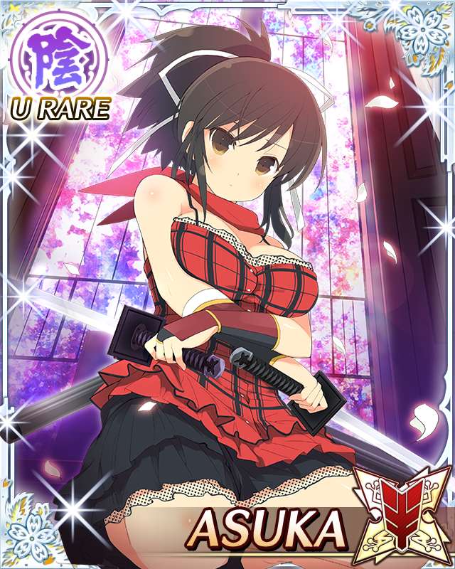 asuka (senran kagura), senran kagura, senran kagura new wave, game cg, official art, third-party source, 1girl, arm guards, arms under breasts, border, breasts, brown eyes, brown hair, card (medium), character name, closed mouth, dot mouth, dress, dual wielding, falling petals, hair ribbon, holding, holding sword, holding weapon, kneeling, large breasts, long hair, looking at viewer, petals, ponytail, red dress, red scarf, ribbon, scarf, short ponytail, solo, stained glass, sword, tsuba (guard), wakizashi, weapon, white ribbon