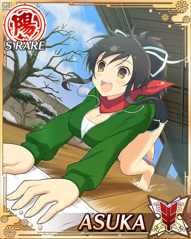 asuka (senran kagura), senran kagura, senran kagura new wave, game cg, official art, third-party source, 1girl, :d, all fours, bare tree, barefoot, black shorts, border, breasts, brown eyes, brown hair, card (medium), character name, cleaning rag, cleavage, day, dolphin shorts, green hoodie, hair ribbon, hood, hoodie, large breasts, long hair, open mouth, ponytail, porch, red scarf, ribbon, running, scarf, shirt, short ponytail, shorts, smile, solo, tree, white ribbon, white shirt