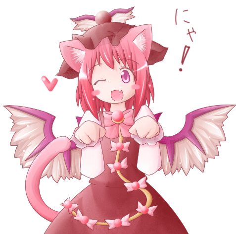 kagisuke, mystia lorelei, touhou, bad id, bad pixiv id, lowres, 1girl, ;d, animal ears, blush stickers, bow, cat ears, cat girl, cat tail, dress, fang, female focus, hat, heart, kemonomimi mode, looking at viewer, nyan, one eye closed, open mouth, paw pose, pink hair, purple eyes, short hair, simple background, smile, solo, tail, white background, wings, wink