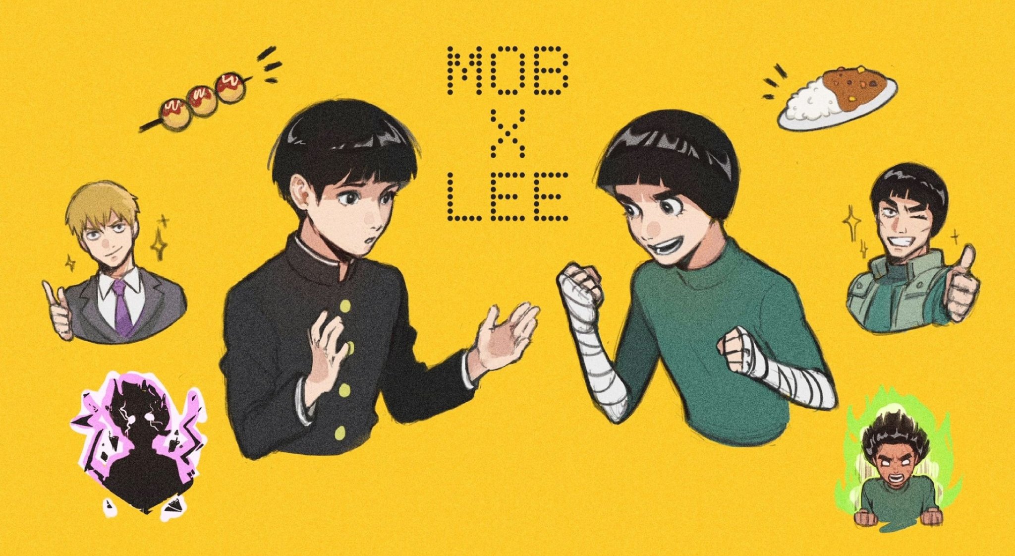 il1023il, kageyama shigeo, might guy, reigen arataka, rock lee, mob psycho 100, naruto (classic), naruto (series), commentary, hashtag-only commentary, highres, 4boys, aura, balcony, black eyes, blank eyes, bowl cut, crossover, curry, flak jacket, food, formal clothes, gakuran, grey suit, hachimon (naruto), hairstyle connection, hand wraps, jacket, kageyama shigeo (???), male focus, multiple boys, necktie, open mouth, plate, pointing, purple necktie, school uniform, smile, suit, takoyaki