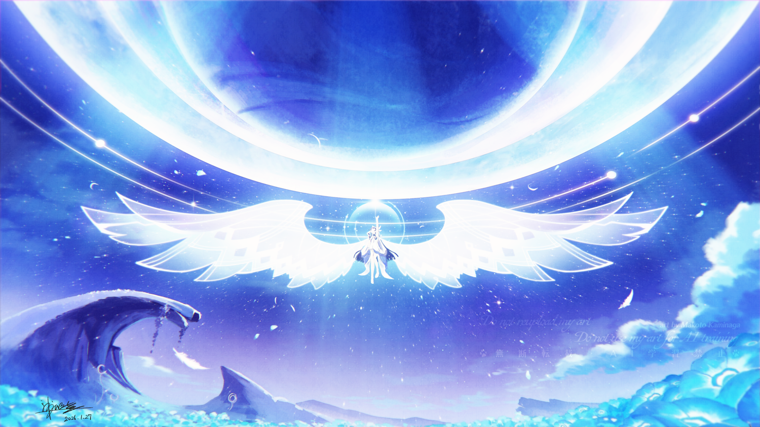 kaminaga mutsumi, columbina (genshin impact), genshin impact, commentary request, 1girl, arm up, black hair, dated, dress, floating, hair ornament, long hair, moon, oversized wings, signature, sky, solo, star (sky), starry sky, very long hair, white wings, wide shot, wing hair ornament, wings