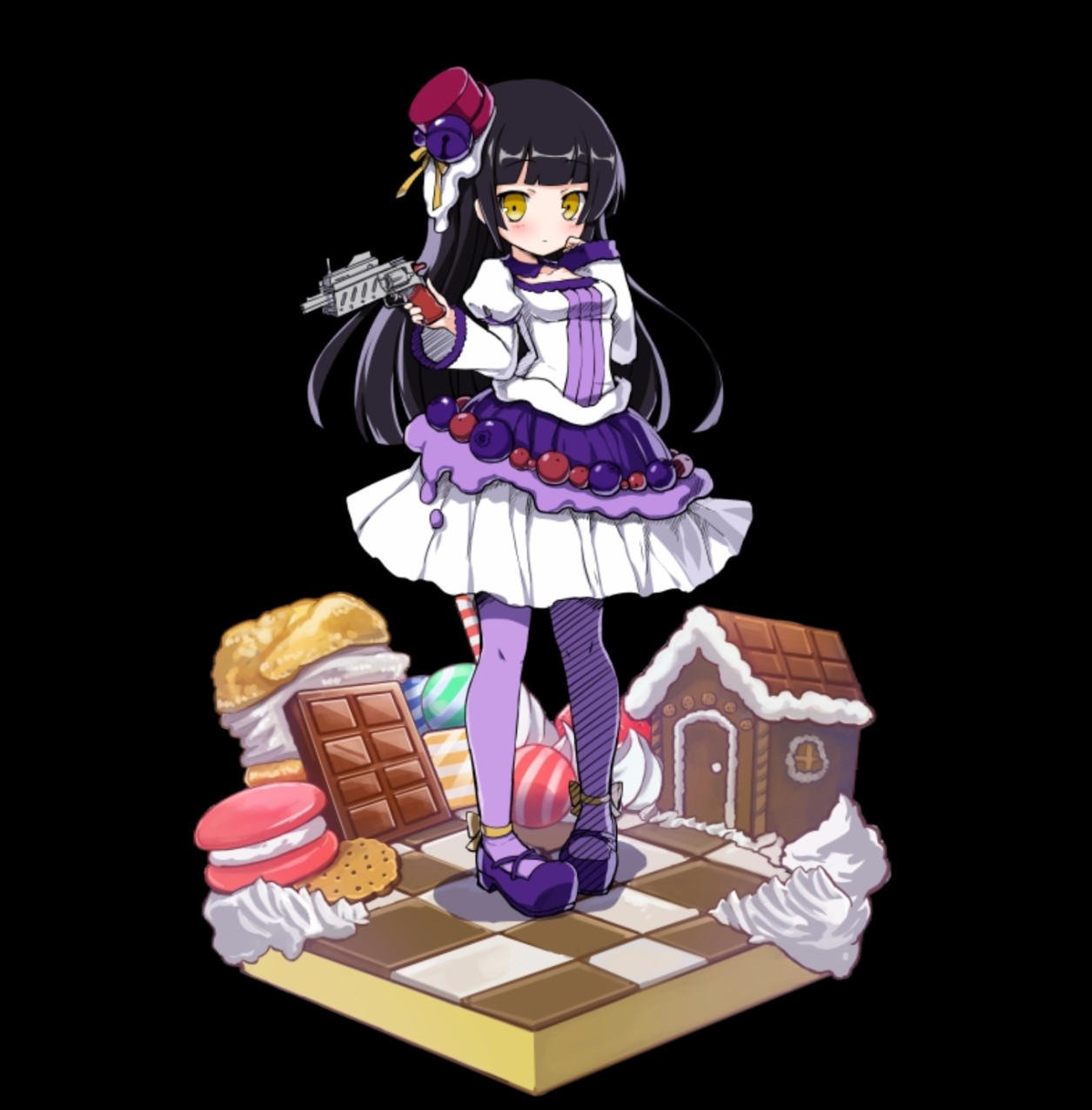 merc storia art team, merc storia, highres, official art, 1girl, black background, black hair, blunt bangs, blush, breasts, chocolate, cream, cream puff, dress, flats, food, full body, gun, hand on own face, hat, holding, holding gun, holding weapon, juliet sleeves, long hair, long sleeves, macaron, mini hat, off-shoulder dress, off shoulder, pantyhose, puffy long sleeves, puffy sleeves, purple dress, purple hat, purple pantyhose, purple shoes, shoes, sidelocks, simple background, small breasts, solo, standing, straight hair, sweets house, tachi-e, tile floor, tiles, tilted headwear, torte (merc storia), two-tone dress, weapon, white dress, wide sleeves, yellow eyes