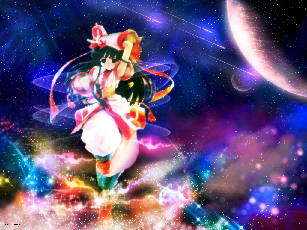 nakoruru, samurai spirits, snk, the king of fighters, artist request, highres, 1girl, ainu clothes, angel wings, arm above head, armpits, black eyes, black hair, breasts, fingerless gloves, gloves, hair ribbon, leg lift, leg up, long hair, looking at viewer, ribbon, small breasts, solo, space, weapon, wings