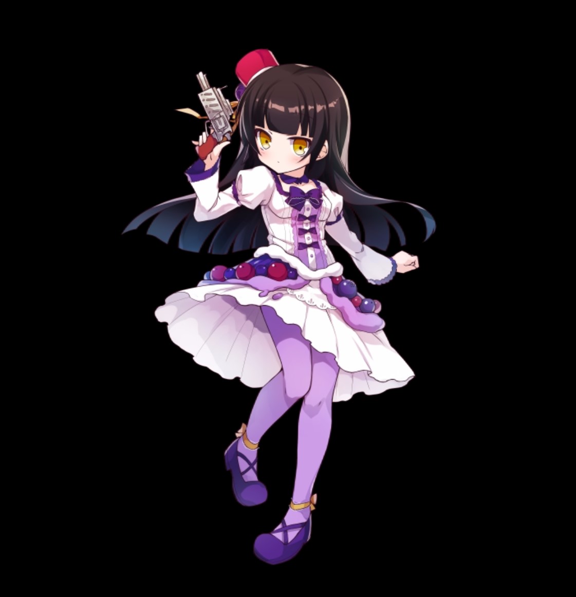 merc storia art team, merc storia, official art, 1girl, black background, black hair, blunt bangs, blush, bow, breasts, dress, flats, full body, gun, hand up, hat, holding, holding gun, holding weapon, juliet sleeves, long hair, long sleeves, mini hat, off-shoulder dress, off shoulder, pantyhose, puffy long sleeves, puffy sleeves, purple bow, purple dress, purple hat, purple pantyhose, purple shoes, shoes, sidelocks, simple background, small breasts, solo, standing, standing on one leg, straight hair, tachi-e, tilted headwear, torte (merc storia), two-tone dress, weapon, white dress, wide sleeves, yellow eyes