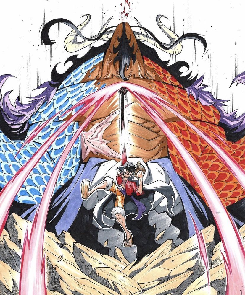 kevin shah, kaidou (one piece), monkey d. luffy, one piece, commentary, english commentary, 2boys, beard, black hair, black skin, blood, blue scales, colored skin, dragon boy, extendable limbs, facial hair, haki (one piece), hat, hat on back, horns, jacket, jacket on shoulders, multicolored skin, multiple boys, muscular, muscular male, mustache, open clothes, open shirt, orange pants, pants, punching, purple sash, red scales, red shirt, sandals, sash, scales, scar, scar on chest, scar on stomach, shirt, straw hat, topless male