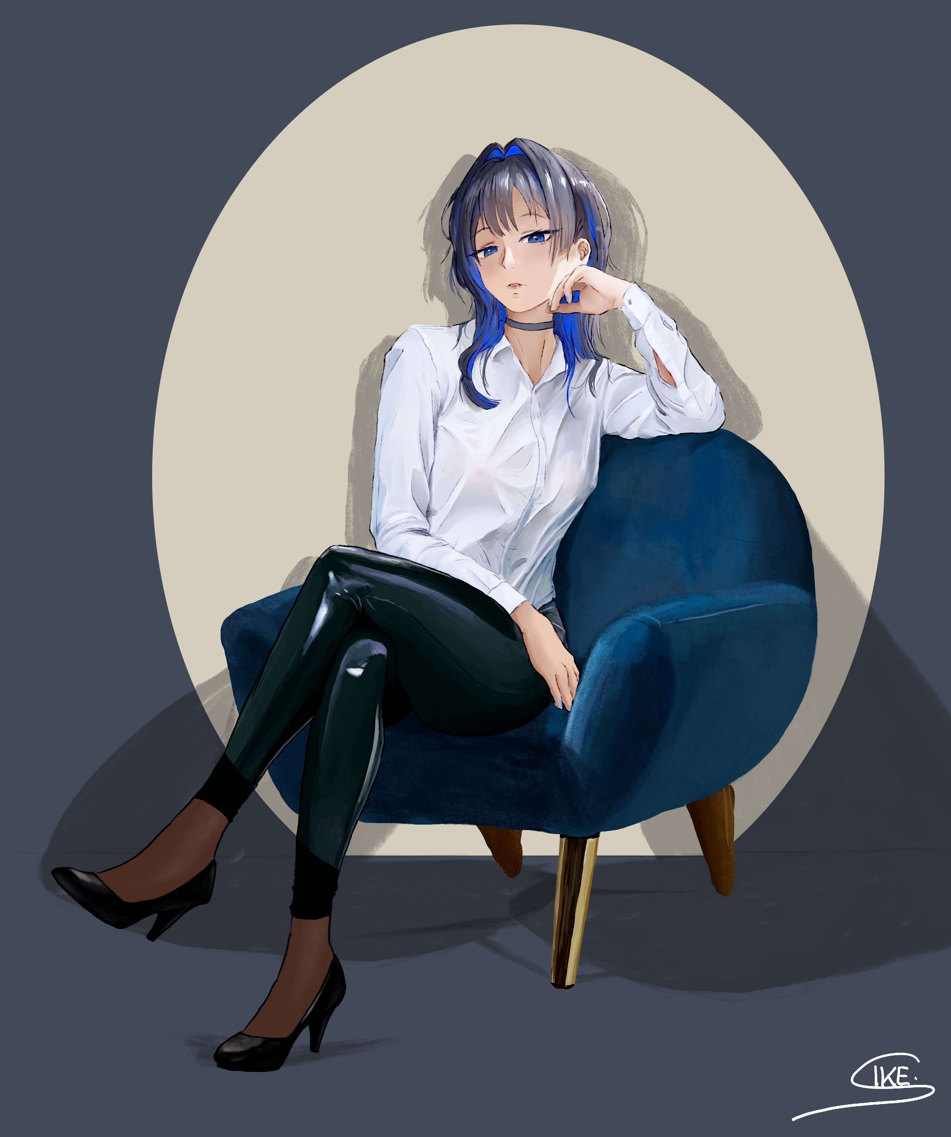 ouro kronii, hololive, hololive english, absurdres, commentary, english commentary, hashtag-only commentary, highres, 1girl, alternate costume, black hair, black pants, black shoes, blue eyes, blue hair, blush, breasts, brown pantyhose, chair, choker, collared shirt, crossed legs, fanged bangs, full body, hair intakes, hand up, high heels, large breasts, leather, leather pants, long hair, long sleeves, looking at viewer, multicolored hair, open mouth, pants, pantyhose, parted lips, purple choker, shadow, shirt, shoes, short hair, signature, sitting, solo, therealsike, virtual youtuber, white shirt