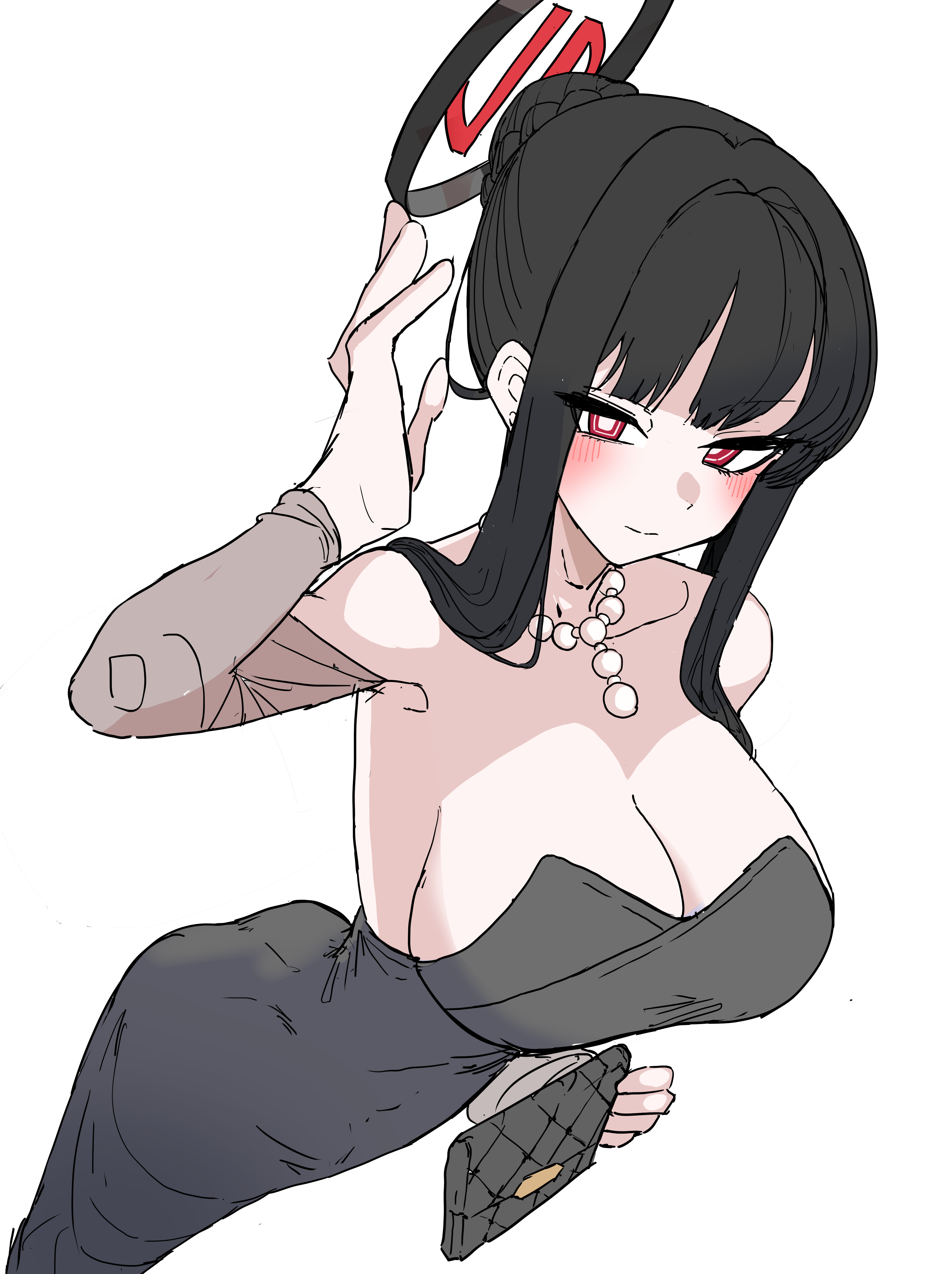 rio (blue archive), rio (dress) (blue archive), blue archive, absurdres, commentary request, highres, korean commentary, revision, 1girl, ass, bag, bare shoulders, bead necklace, beads, black dress, black hair, blush, breasts, cleavage, clutch purse, curvy, dress, halo, handbag, holding, holding bag, jewelry, ji jyu, large breasts, long hair, looking at viewer, necklace, red eyes, ringed eyes, simple background, solo, white background