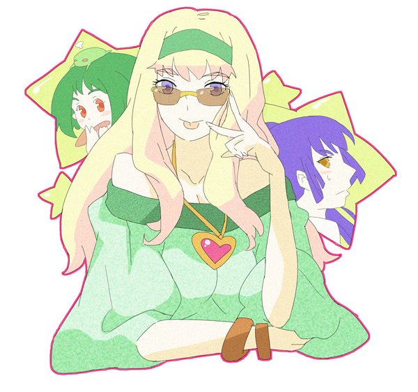 kon (kdash), ranka lee, saotome alto, sheryl nome, macross, macross frontier, bad id, bad pixiv id, 1boy, 2girls, blonde hair, blue eyes, green hair, multiple girls, red eyes, sunglasses