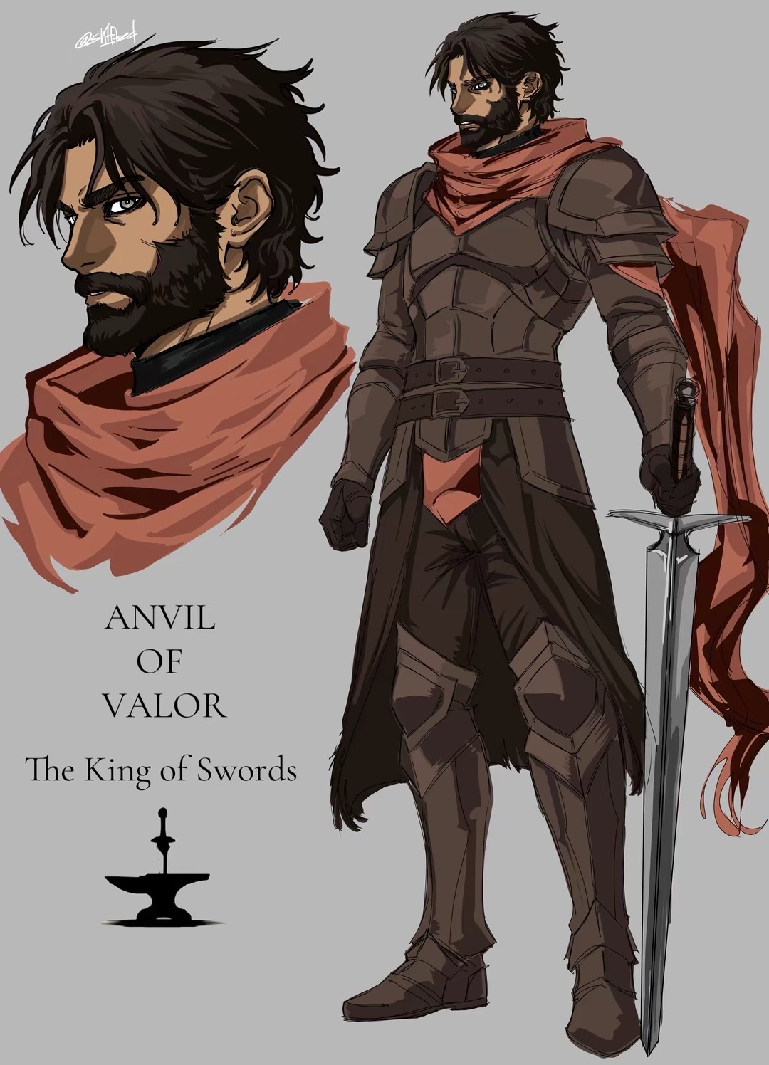 anvil (shadow slave), shadow slave, commentary, english commentary, highres, 1boy, armor, beard, belt, black hair, boots, breastplate, brown eyes, brown gloves, cape, character name, clenched hand, facial hair, full body, gloves, holding, holding sword, holding weapon, male focus, multiple views, planted, planted sword, planted weapon, red cape, red scarf, scarf, serious, sh1fted 1, short hair, shoulder armor, standing, sword, weapon