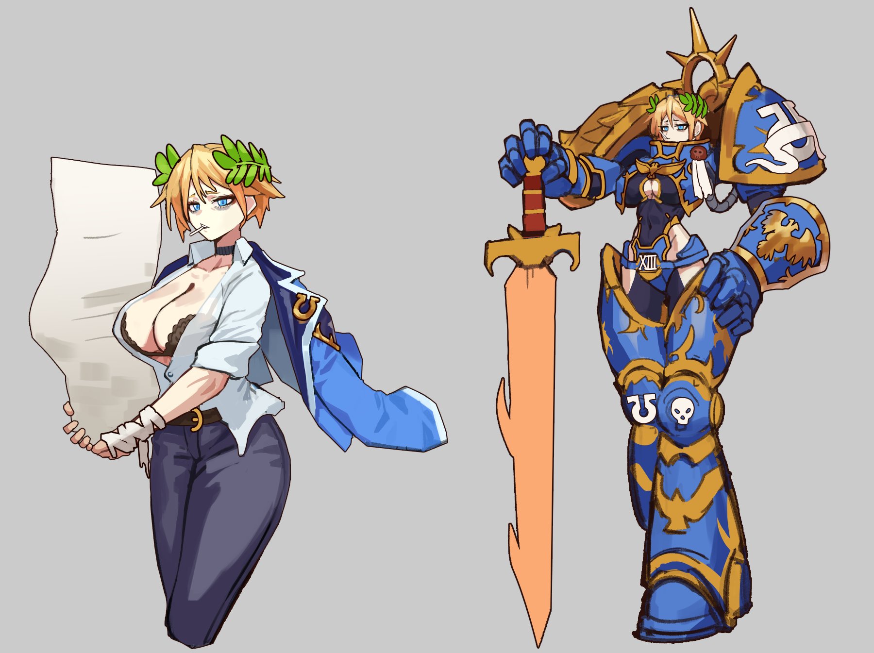 podobrick, roboute guilliman, warhammer 40k, commentary, english commentary, highres, armor, bags under eyes, belt, blonde hair, blue eyes, bra, breasts, choker, cigarette, cleavage, cleavage cutout, clothing cutout, exhausted, gauntlets, genderswap, genderswap (mtf), hand on own hip, hip vent, holding, holding paper, holding sword, holding weapon, jacket, jacket on shoulders, large breasts, laurel crown, multiple views, paper, paper stack, partially open shirt, planted, planted sword, planted weapon, power armor, shirt, sword, underwear, weapon, white shirt