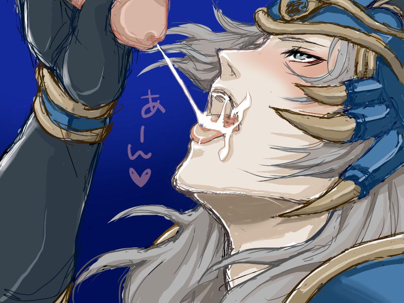 warrior of light (ff1), dissidia final fantasy, final fantasy, final fantasy i, armor, blush, cum, cum in mouth, disembodied penis, fellatio, gloves, heart, helmet, long hair, male focus, open mouth, oral, penis, uncensored, white hair, yaoi