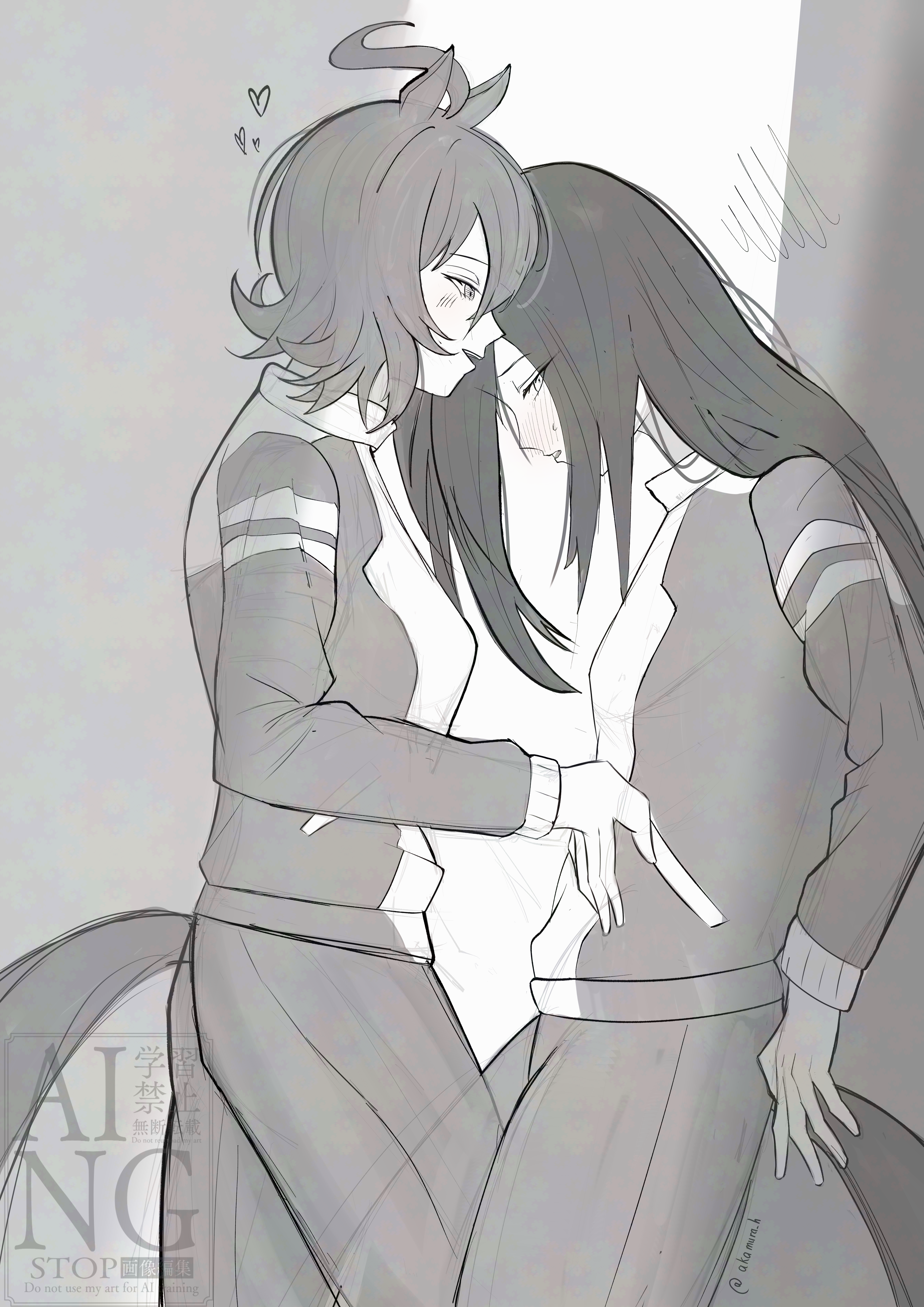 agnes tachyon (umamusume), manhattan cafe (umamusume), umamusume, absurdres, adversarial noise, highres, 2girls, ahoge, akamura h, animal ears, averting eyes, blush, flustered, greyscale, hand on another's stomach, heart, horse ears, horse girl, horse tail, jacket, long hair, long sleeves, looking at another, looking down, monochrome, multicolored jacket, multiple girls, parted lips, short hair, squiggle, sweatdrop, tail, track jacket, twitter username, two-tone jacket, very long hair, watermark, yuri