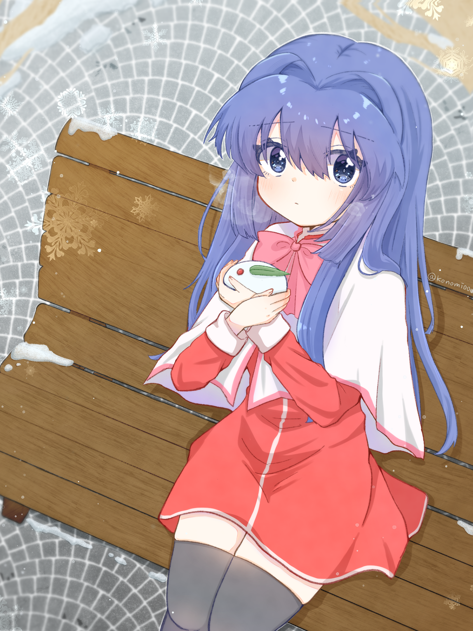 konomi (konomi00e), minase nayuki, kanon, commentary request, highres, 1girl, bench, black thighhighs, blue eyes, blunt ends, blush, bow, bowtie, breath, capelet, closed mouth, cold, cowboy shot, crossed arms, day, dress, eyes visible through hair, hair between eyes, hair intakes, hands up, holding, leaf, long hair, long sleeves, looking at viewer, on bench, outdoors, park bench, pink bow, pink bowtie, red dress, school uniform, short dress, sidelocks, sitting, snow, snow rabbit, snowing, solo, thighhighs, twitter username, very long hair, white capelet, winter, zettai ryouiki
